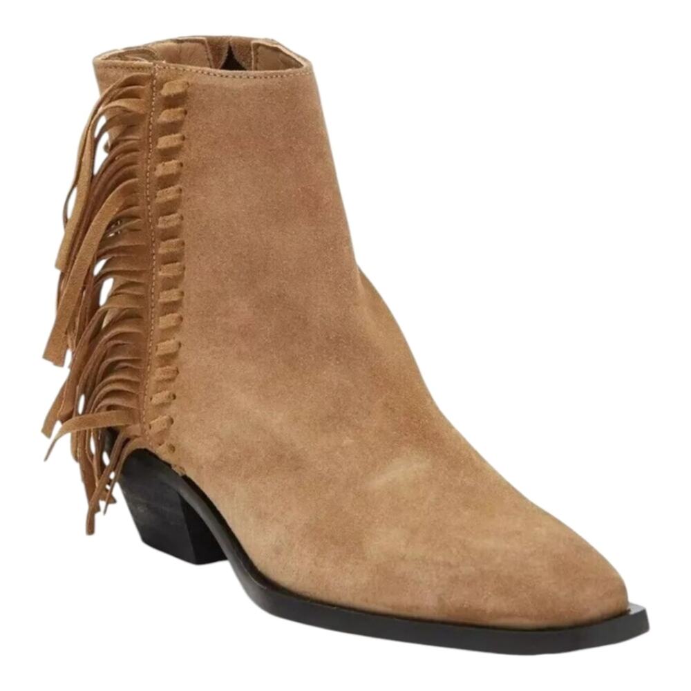 All Saints Suede Fringe Ankle Boots Pointed Toe Tan Western‎ Cowgirl Booties 8